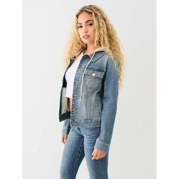True Religion Blue Denim Trucker Hoodie Jacket XS - New with Tags - Picture 3 of 4